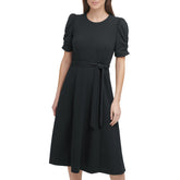DKNY Women's Jewel Neck Scuba Crepe Dress, Black/Silver Logo, 12
